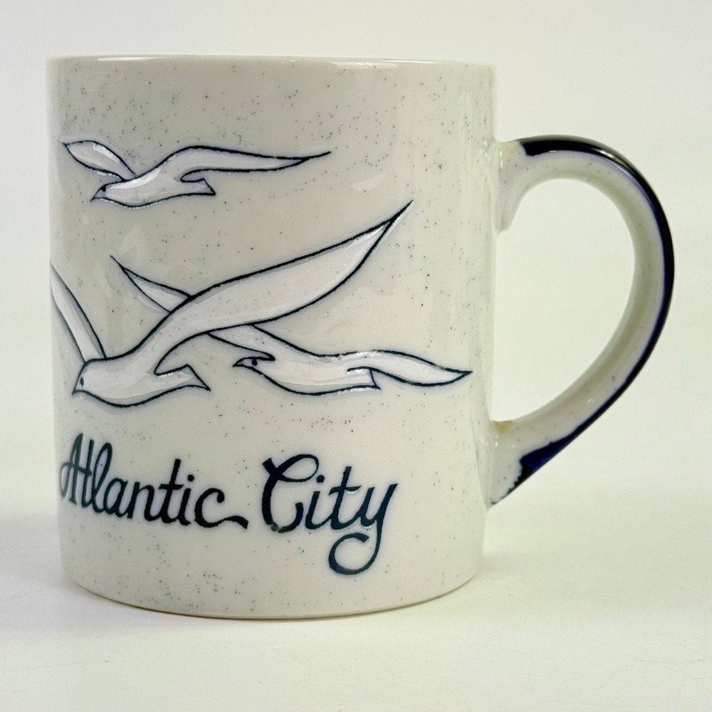 Vintage Atlantic City Mug Speckled Seagull Souvenir Blue White Made in Japan